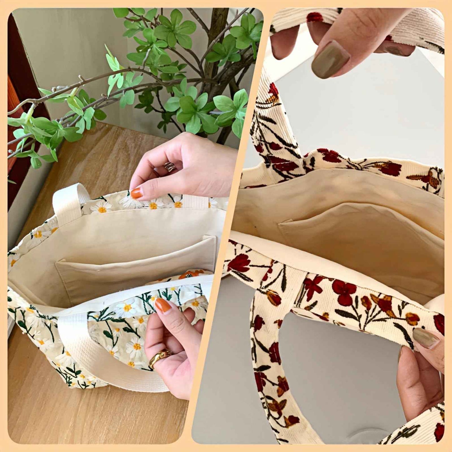 Kovewon 2PCS Small Tote Bag for Women Mini Canvas Embroidered Daisy Book Tote Bag Cute Corduroy Aesthetic Floral Reusable Bags for Grocery, Essentials, Water Bottle, Keys, Book, Bible