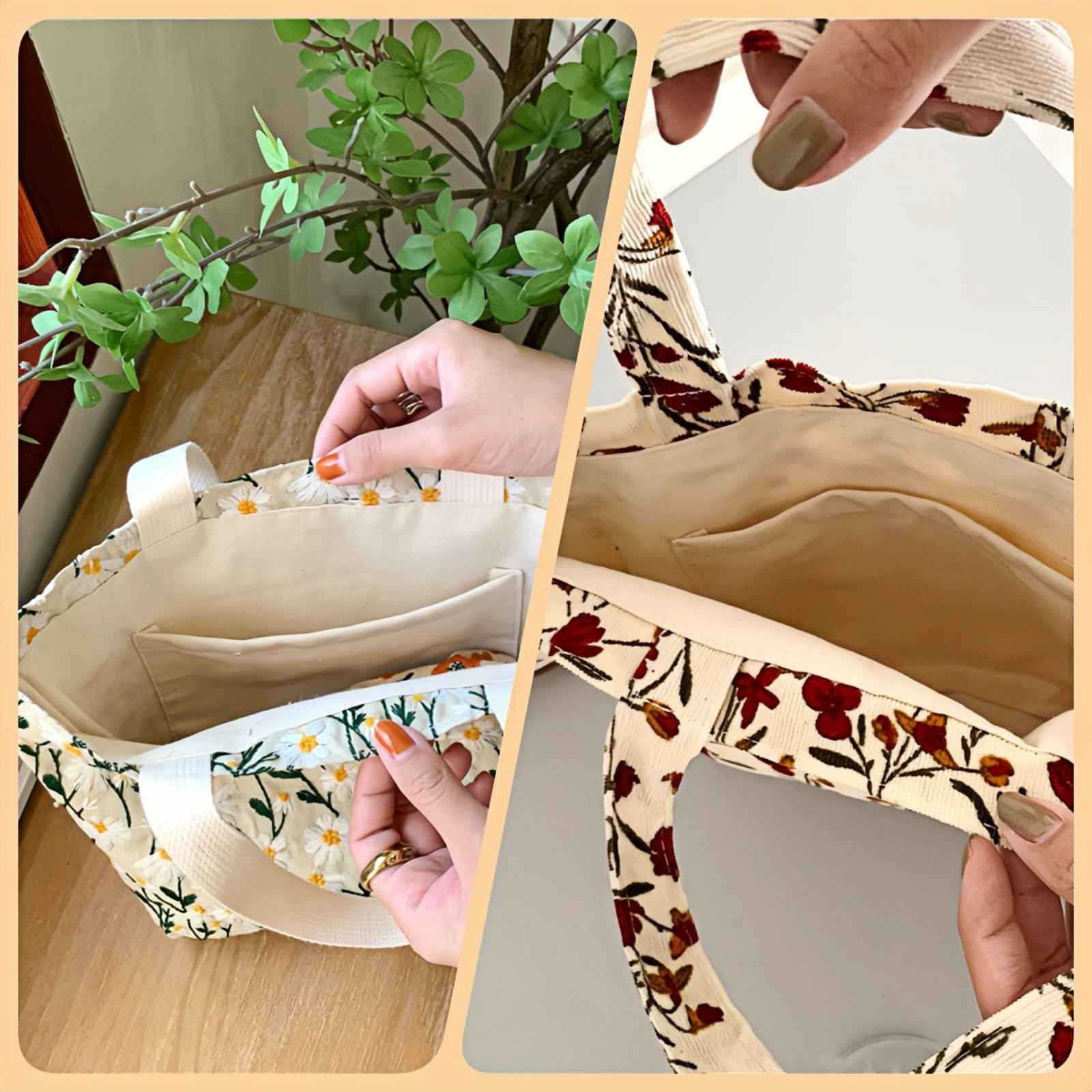 Kovewon 2PCS Small Tote Bag for Women Mini Canvas Embroidered Daisy Book Tote Bag Cute Corduroy Aesthetic Floral Reusable Bags for Grocery, Essentials, Water Bottle, Keys, Book, Bible