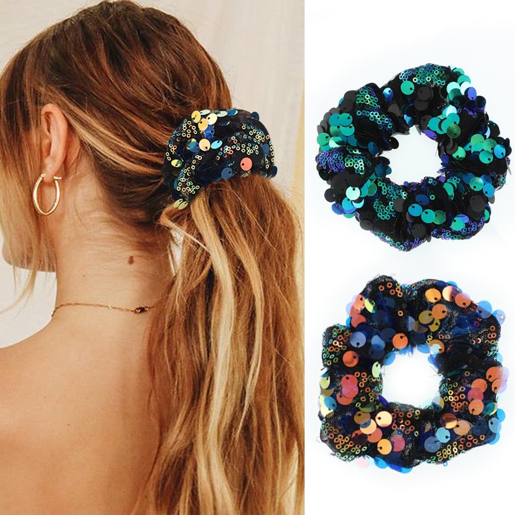 CAKURE Sequins Hair Scrunchies Shiny Hair Ties Ropes Blue Elastic Hair Bands Ponytail Holder Hair Accessories for Women and Girls Pack of 2 (Type D)