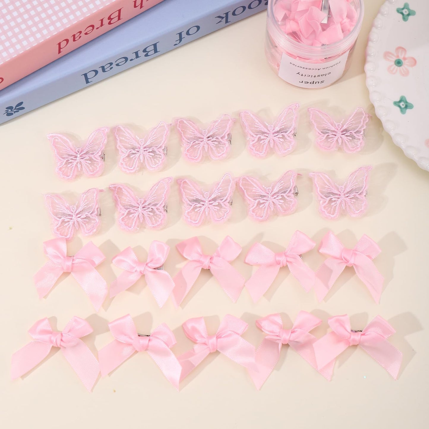 LYDZTION 40Pcs Embroidery Butterfly Hair Clips Small Bows for Hair Bow Ribbons for Girls Sweet Bow Hair Clips Non Slip Hair Clips Butterfly Hair Accessories for Cosplaying Women Girls,Pink