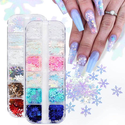 2 Boxes Snowflake Nail Art Glitter Sequins - 3D Holographic Christmas Snowflake Confetti Laser Sparkly Nail Accessories for Acrylic Nails Decorations DIY Christmas Party Nail Art