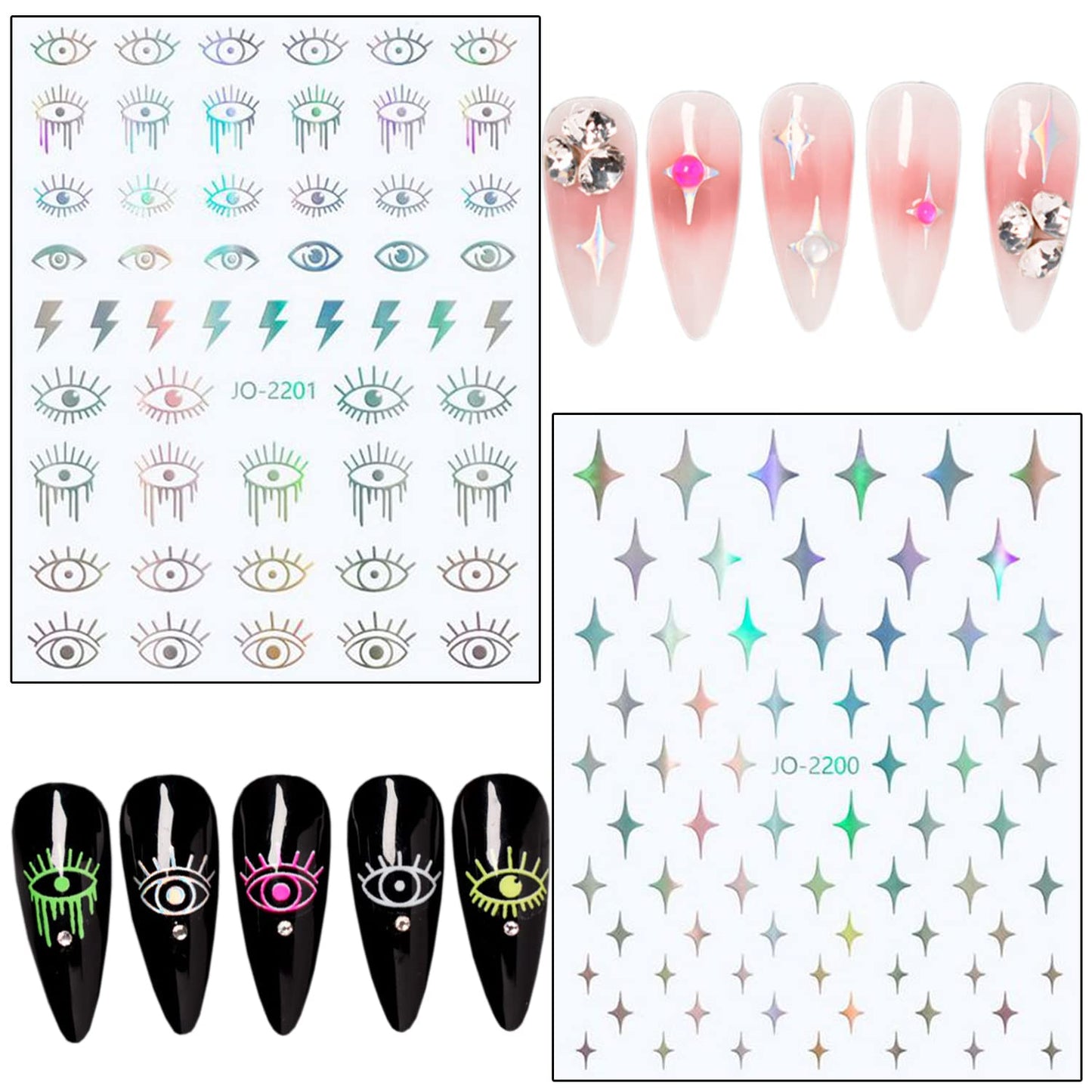 7 Sheets Silver Nail Art Stickers, Butterfly Heart Letters Numbers Stars Eyes Nail Self-Adhesive Sticker Design, 3D Geometry Nail Transfer Decals for Women Girls Manicure Charms Decorations