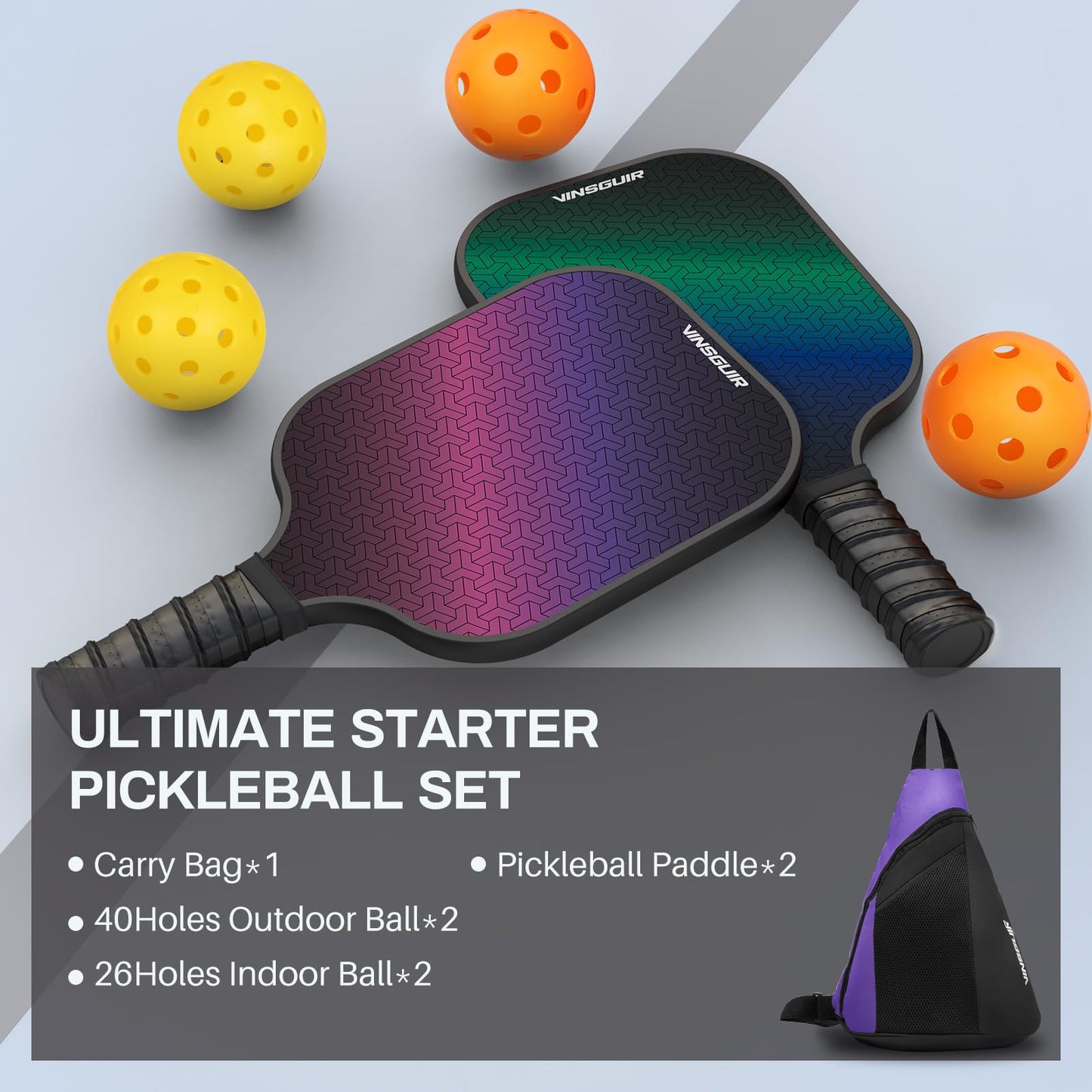 VINSGUIR Pickleball Paddles, Fiberglass Pickleball Paddles Set of 2, Lightweight Pickleball Rackets with Pickleball Carrying Bag, Pickleball Gifts for Beginners & Pros