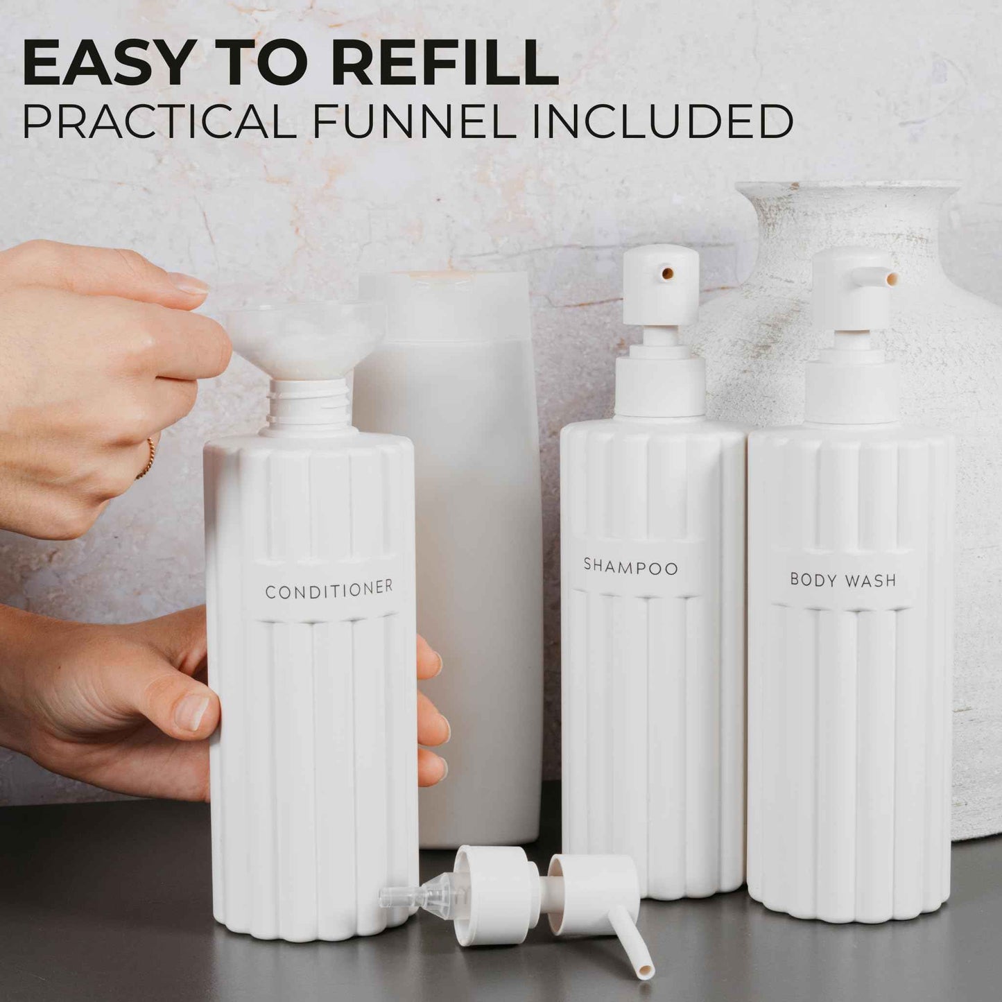 Stylish Shampoo and Conditioner Dispenser Set of 3 - Modern 19oz Shower Soap Bottles with Pump and Labels - Easy to Refill Body Wash Dispensers for an Instant Bathroom Decor Upgrade