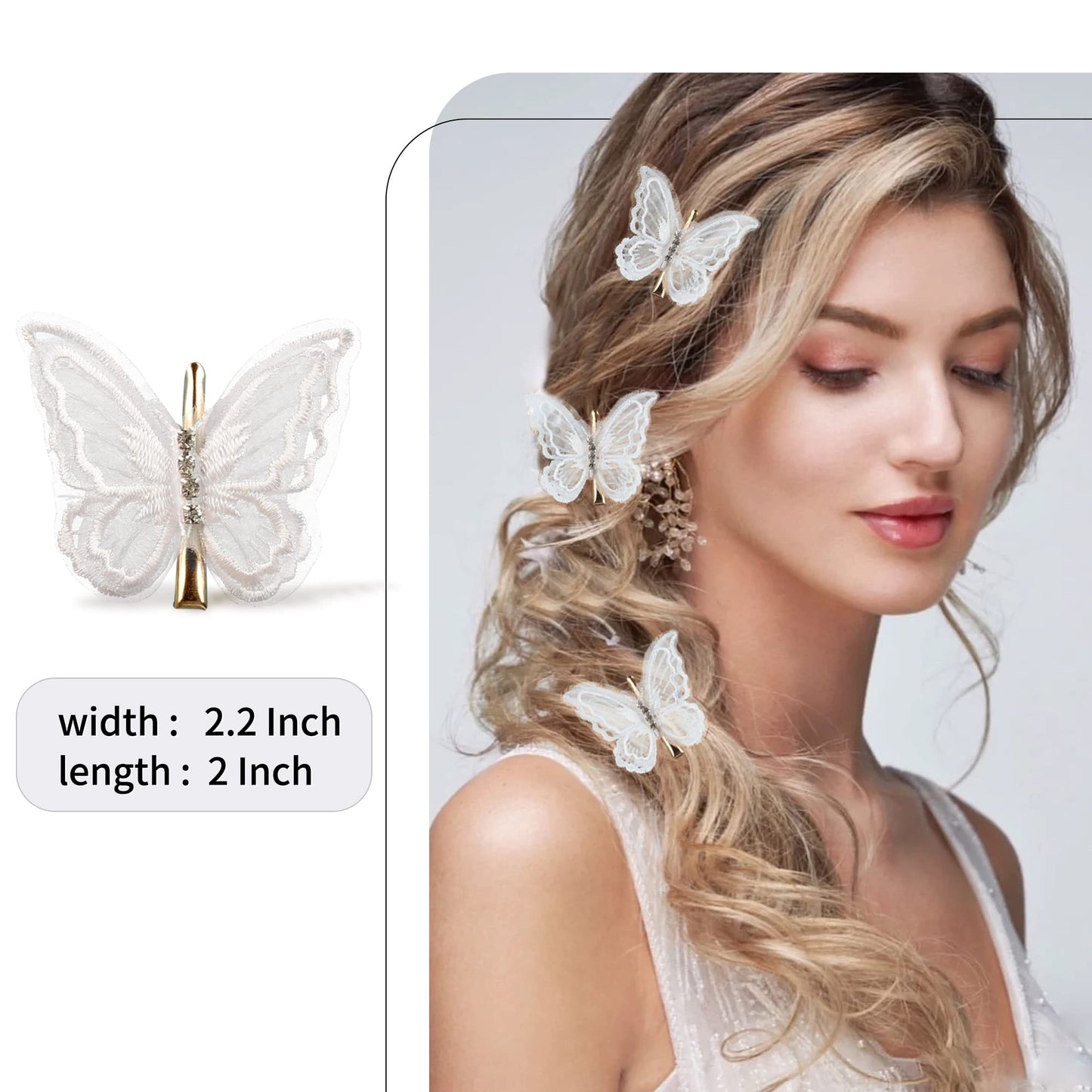 Butterfly Hair Clips 2.6 inch Lace Hair Bows Embroidery Butterfly Hair Pins 15 Pieces Hair Accessories for Halloween Cosplaying Women Girls Teens Hawaii Hair Clips（White,15PCS)