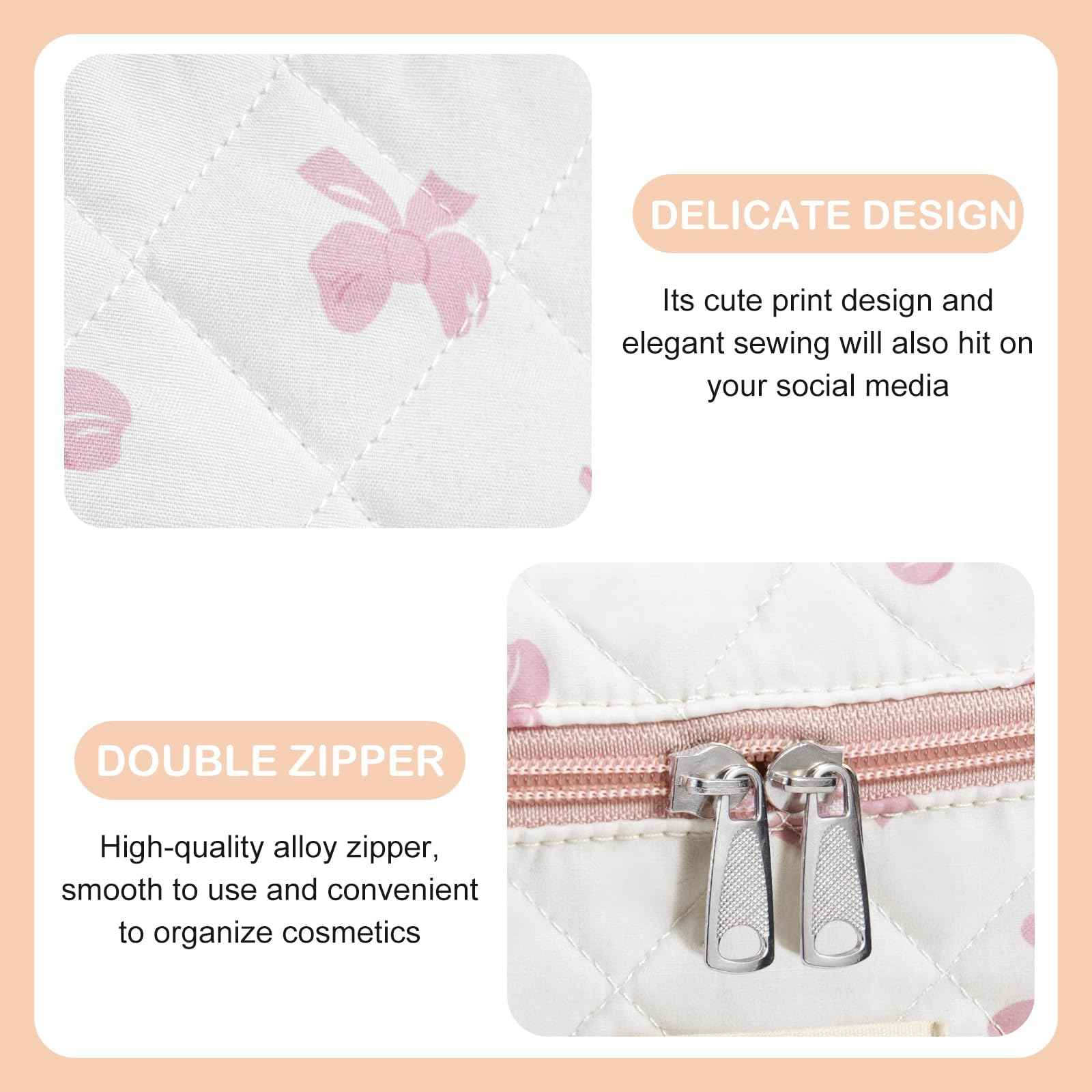 UUYUUY Makeup Bag for Women 3PCS Quilted Cotton Make Up Bag Travel Cosmetic Bag Large Makeup Bag Set Cute Bow Makeups Purse Organizer Floral Toiletry Pouch