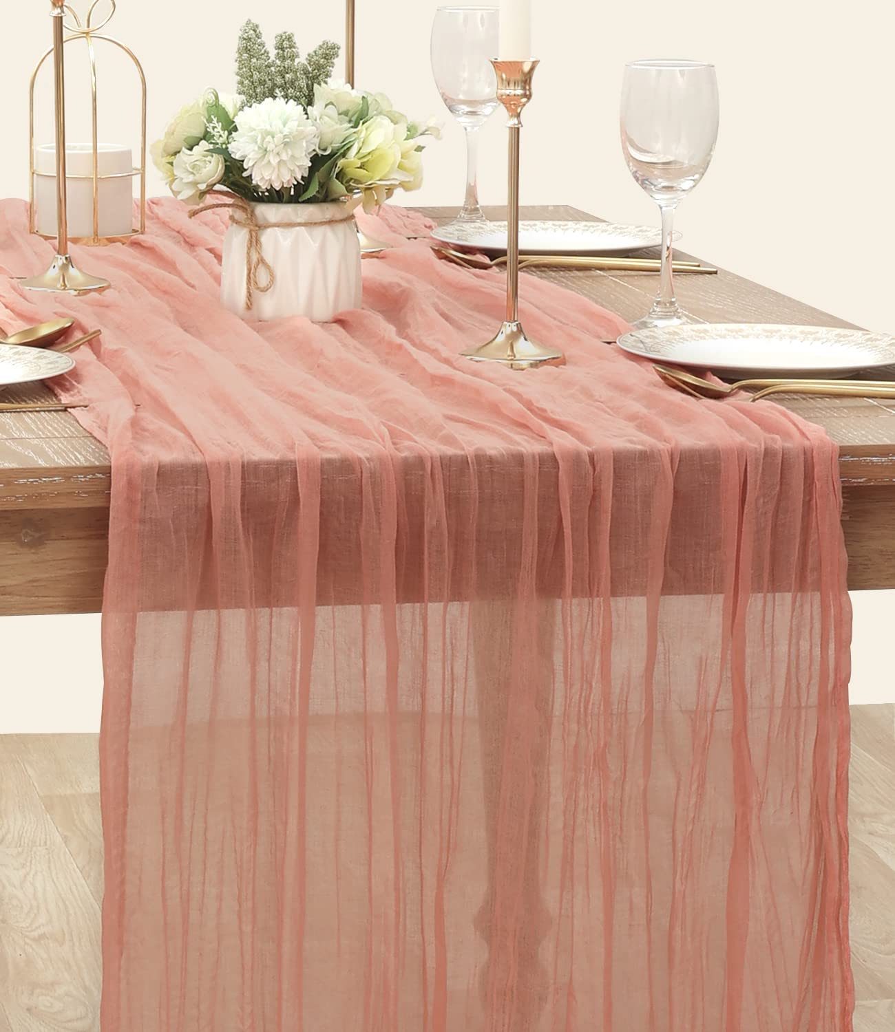 Socomi Cheesecloth Table Runner 10ft Gauze Boho Rustic Coral Cheese Cloth Table Runner for Wedding Bridal Shower Fall Thanskgiving Decoration