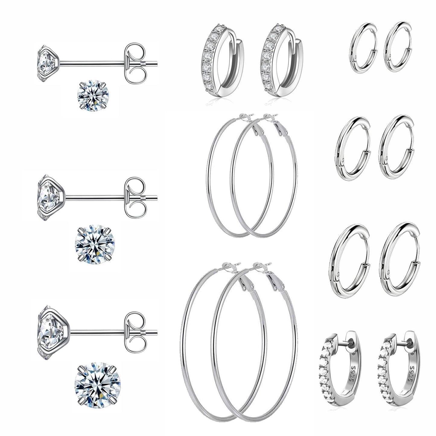 10 Pairs 14K Gold/Silver Plated Cubic Zirconia Earrings Set for Women, Hypoallergenic 925 Silver Cubic Zirconia Stud Earrings Pack For Girls Daily Life (Silver)