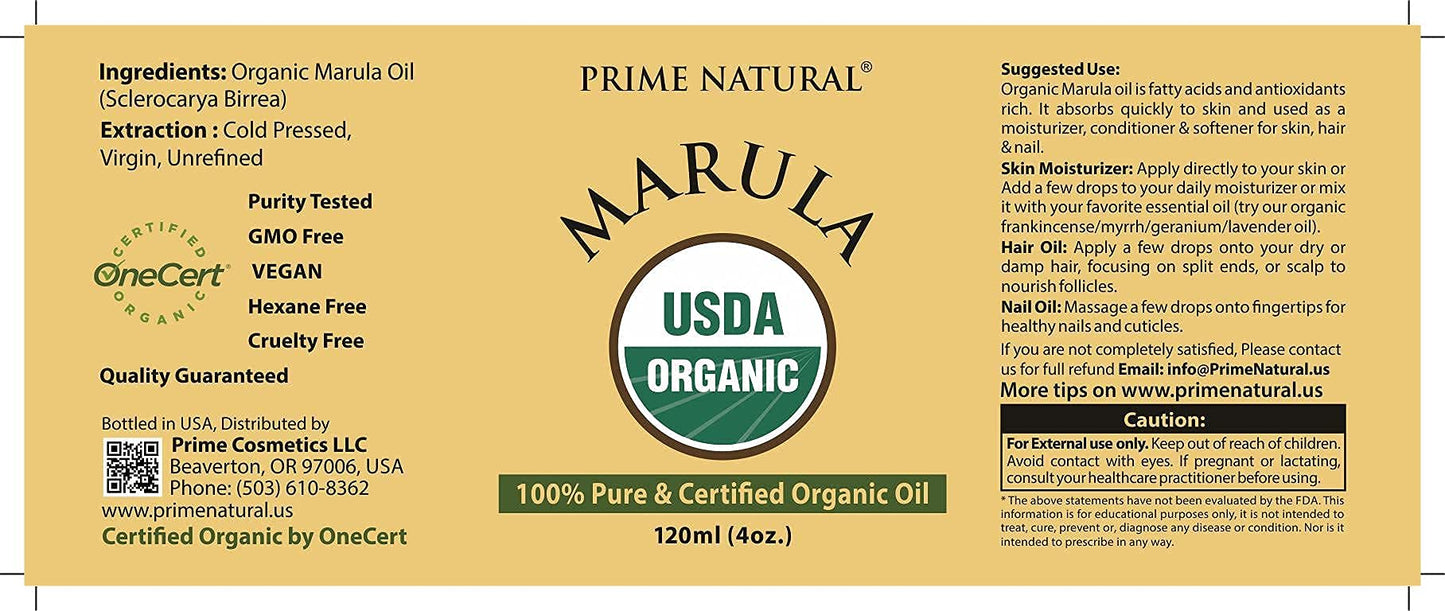 Organic Marula Oil 4oz/120ml - USDA Certified - Cold Pressed, Unrefined, Virgin - 100% Pure, Natural, Vegan, Best for Face, Body, Hair, Nails, Skin Care