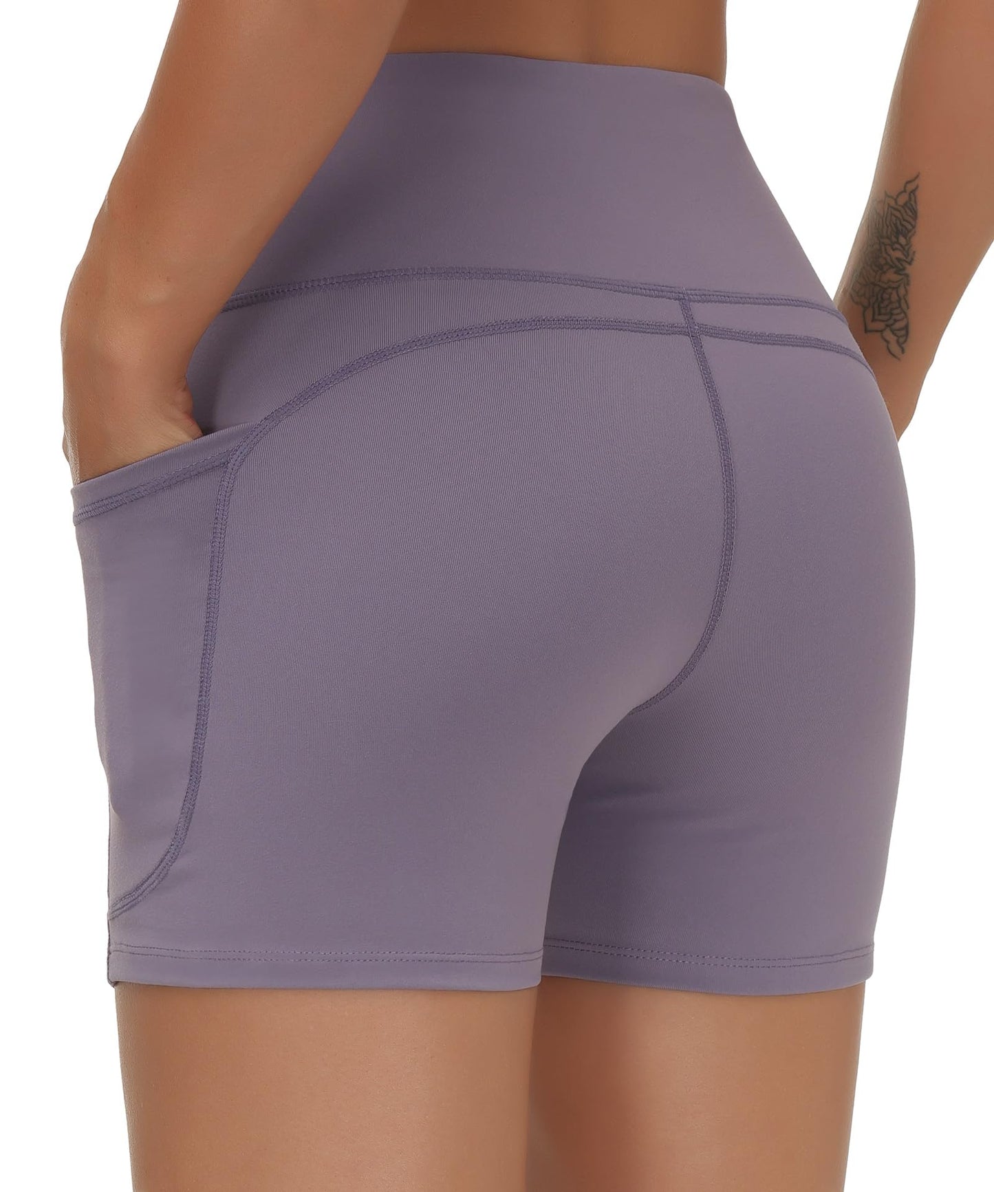 THE GYM PEOPLE High Waist Yoga Shorts for Women's Tummy Control Fitness Athletic Workout Running Shorts with Deep Pockets Grey Purple