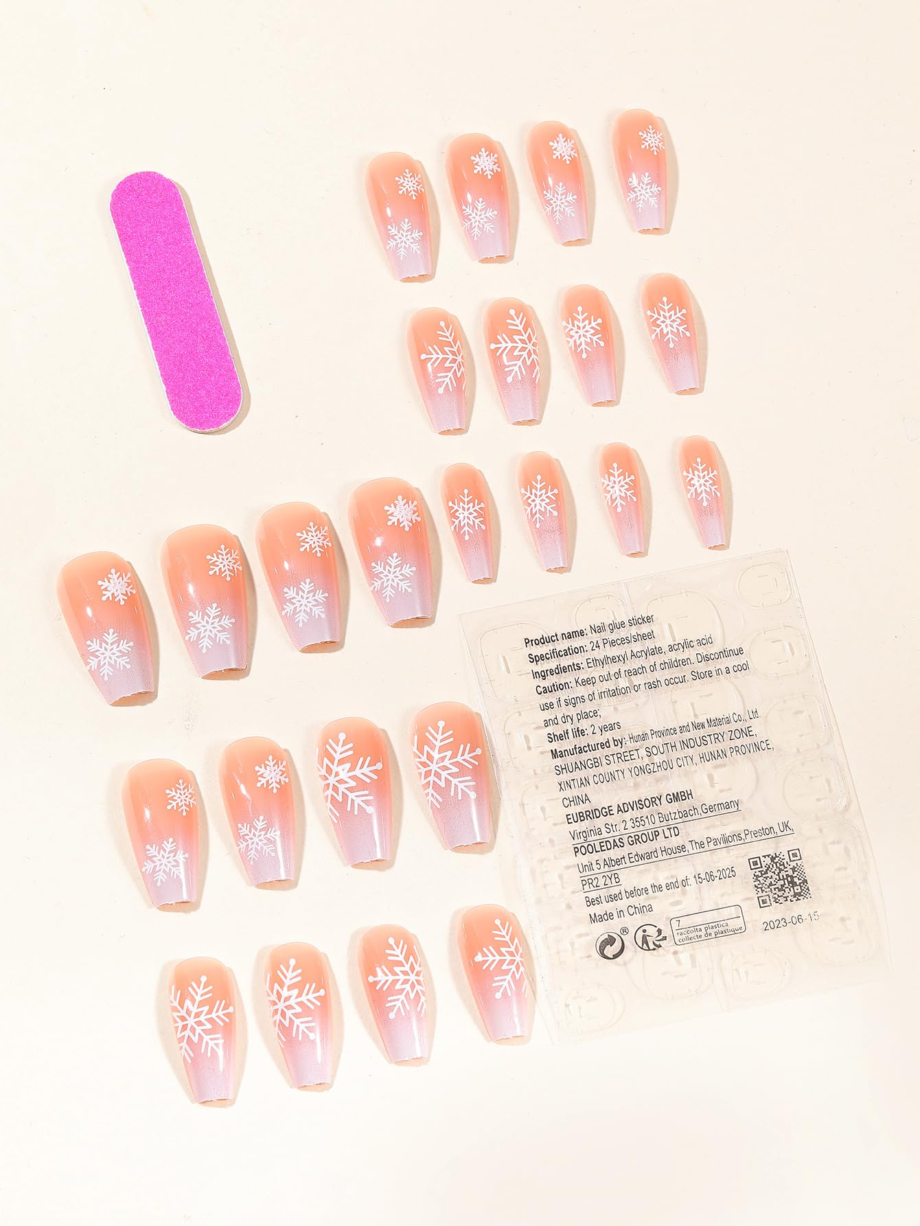 24PCS Christmas Snowflake Press on Nails Medium Length Coffin Fake Nails with Pink Gradient Design False Nails White French Tip Winter Full Cover Stick on Nails for Women Girls Nail Decorations