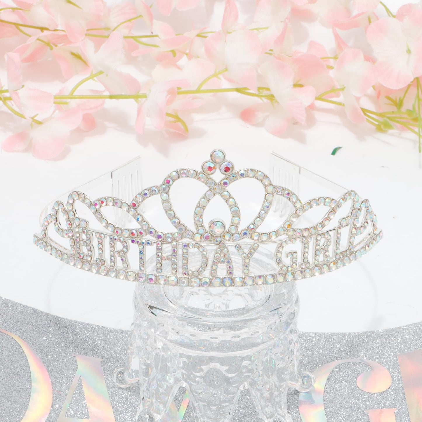 KICOSY Birthday Crown and Sashes for Women Princess Tiara Headband Elegant Sliver Crown for Girls Birthday Headpieces Hair Accessories Rhinestone Decoration Gifts Aurora Borealis Crystal Tiaras