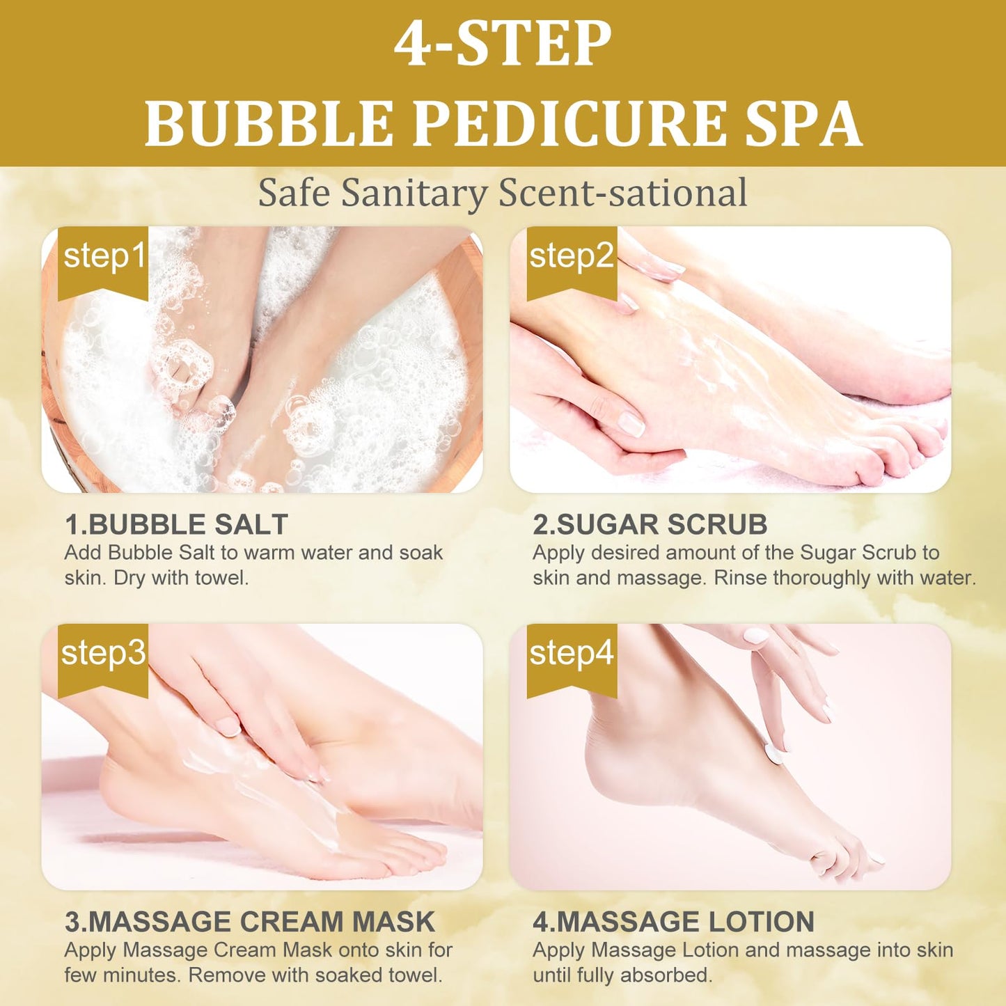 nbc BeautiLab Pedicure Kit Foot Soak Set: Bubble Salt, Sugar Scrub, Massage Mask, Massage Lotion in a Box, 4 Step Foot Spa Kit for Dry Feet, Calluses and Tired Feet(1 Set Honey Flower)