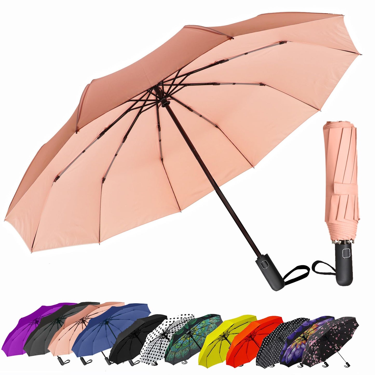 SIEPASA Windproof Travel Compact Umbrella-Automatic Umbrellas for Rain-Compact Folding Umbrella, Travel Umbrella Compact, Windproof Umbrellas for Men Women Teenage.(Pink, 54 Inch)