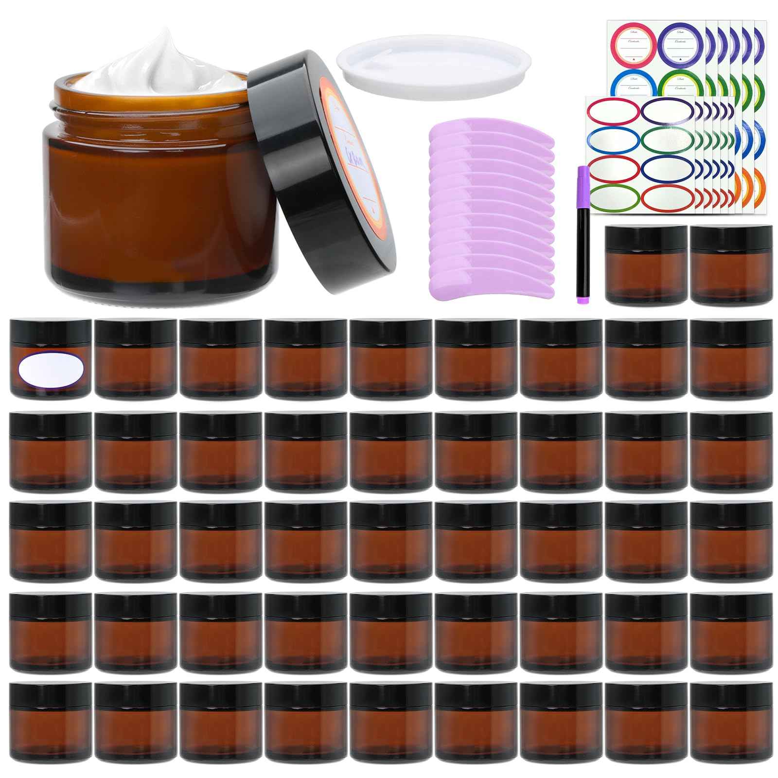 2oz Small Travel Containers with Black Lids,48 Pack Amber Glass Jars with Mini Disposable Spatula for Toiletries，Travel Storage，Makeup Beauty Products, Lotions, Powders and Ointments