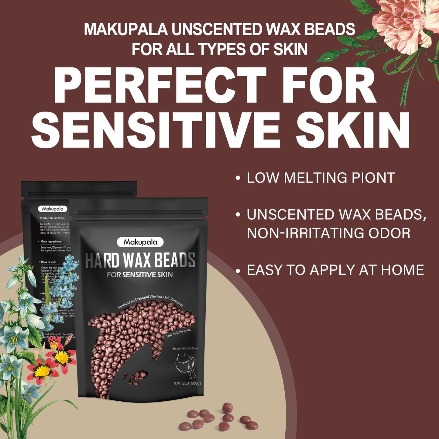 Makupala Wax Beads for Coarse Hair Removal, 2lb Wax Beans for Sensitive Skin Women, Hard Wax Beads for Full Body, Brazilian Waxing, Bikini, Face, No Rosin Unscented Low Temperature Home Wax Beans