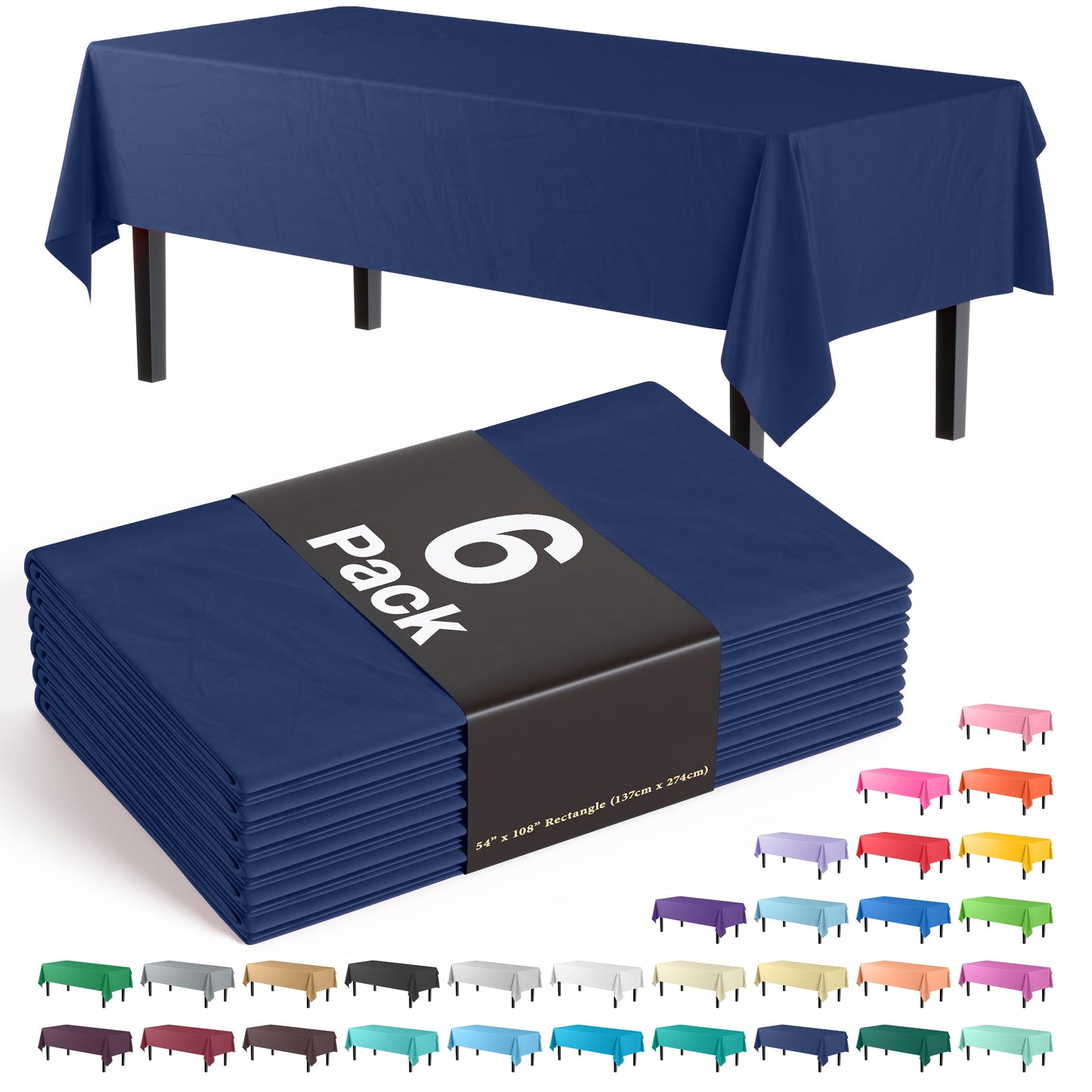 Exquisite 6-Pack Premium Plastic Tablecloth 54in. x 108in. Rectangle Plastic Table Cover - Navy