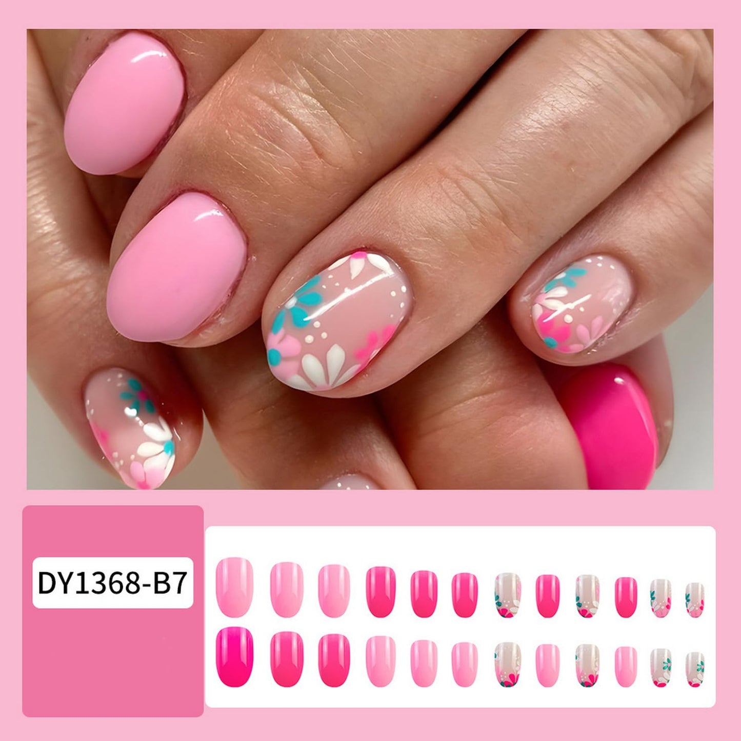 Flower Press on Nails Short Almond Shaped False Nails Glossy Pink Stick on Nails with Colorful Floral Design Fake Nails Reusable Acrylic Nails Glue on Nails Full Cover Stick on Nails for Women 24 Pcs