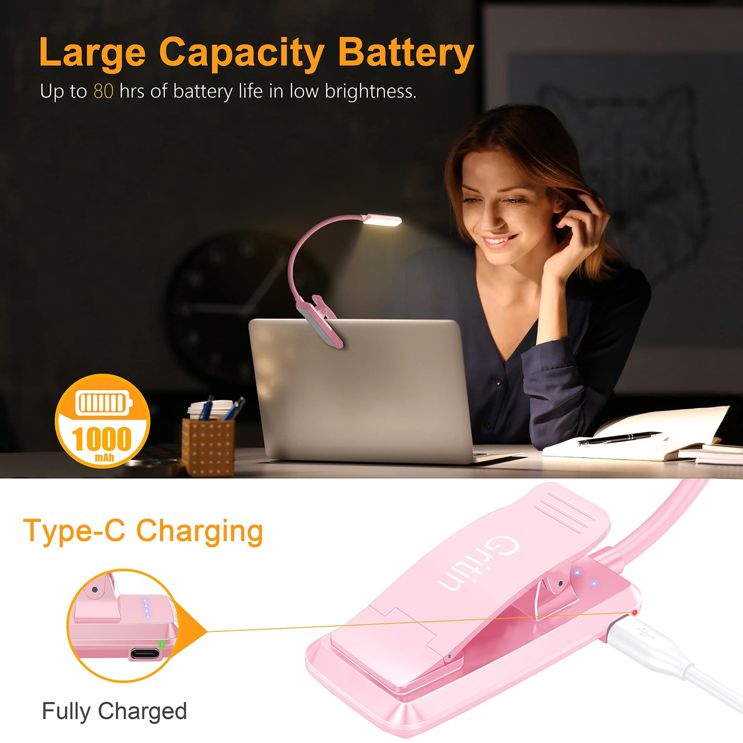 Gritin 9 LED Rechargeable Book Light for Reading in Bed - Eye Caring 3 Color Temperatures,Stepless Dimming Brightness,80 Hrs Runtime Small Lightweight Clip On Book Reading Light for Studying-Pink