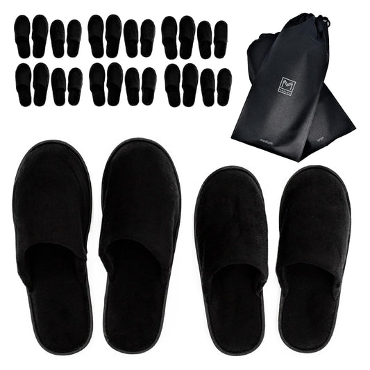 MODLUX Spa Slippers - 12 Pairs of Cotton Velvet Closed Toe Slippers with Travel Bags – Thick, Soft, Non-Slip, Disposable Slippers – 6 Medium and 6 Large - Home, Hotel, or Commercial Use