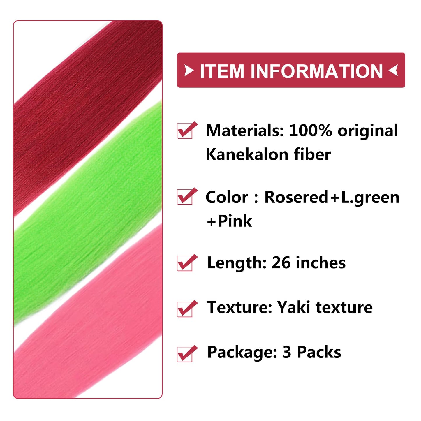 Yuzshuooxin Rose+Light Green+Pink Braiding Hair Pre Stretched 26 Inches Kanekalon Braiding Hair Extensions 3 Packs Synthetic Fiber Hair Braids