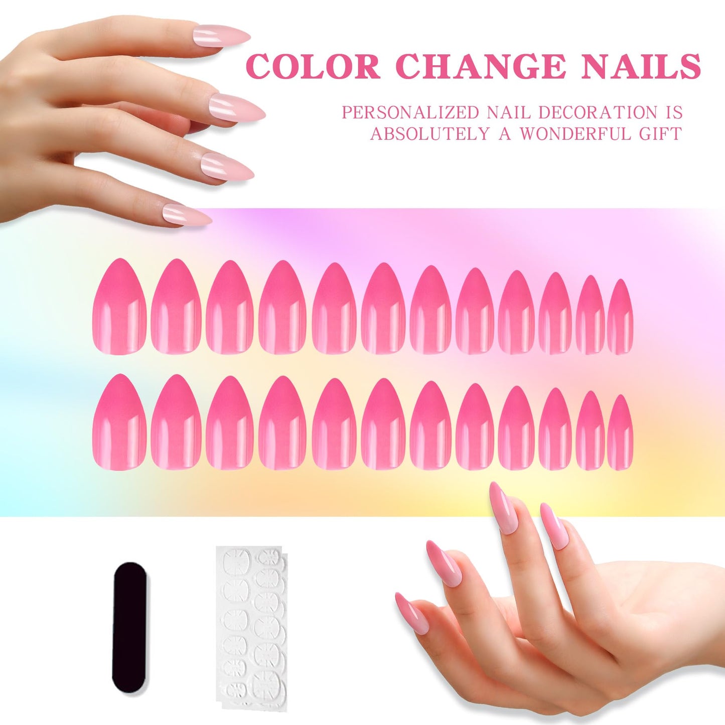 Mood Temperature Change Nails Pink To Light Pink Color Changing Gel Tips Stiletto Almond False Nail Art Design