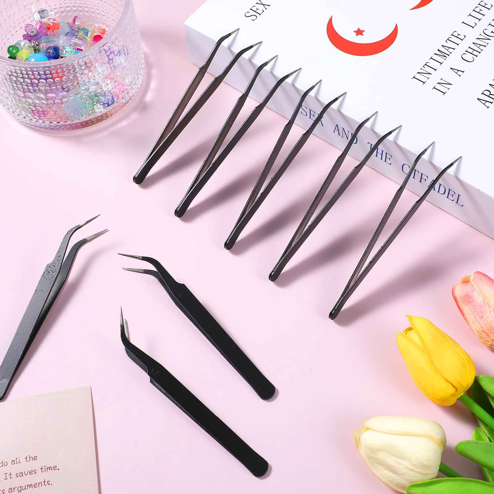 10 Pieces Tweezers for Crafting Stainless Steel Curved Pointed Tweezers Precision Tweezer with Protective Cover for Eyelash Extensions Stickers Rhinestones Crafts (Black)