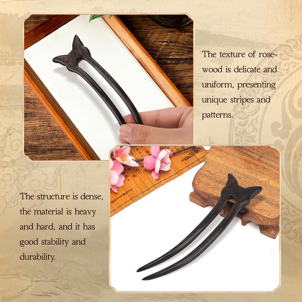 KingcanY 2PCS Wooden 2-Prong Hair Forks, Handmade Retro Sandalwood Hair Sticks French Hair Chopsticks Hair Pins Hairpin, Hair Accessory (Black Butterfly)