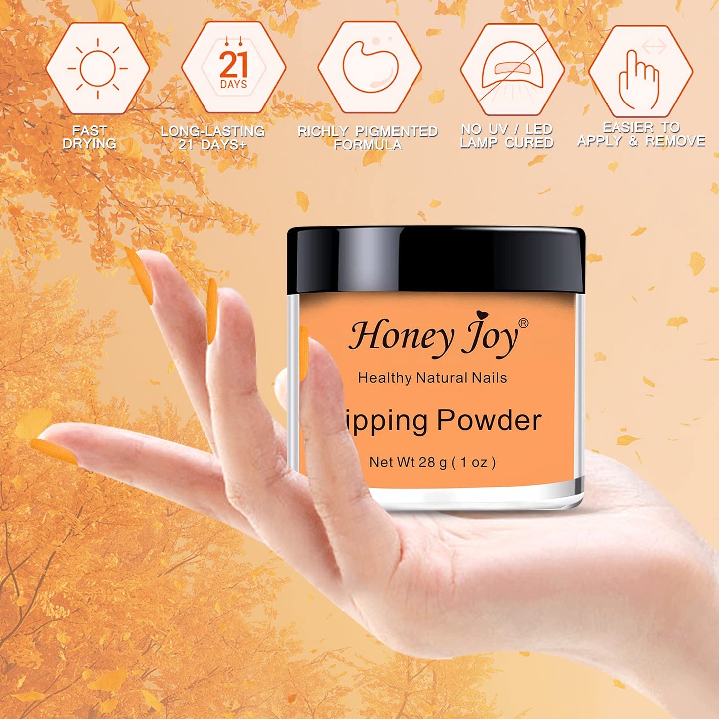 Hone Joy 28g/Box Orange Yellow Dipping Powder No Lamp Cure Nails Dip Powder Like Gel Nail Natural Dry For Nail Salon£¬No.140