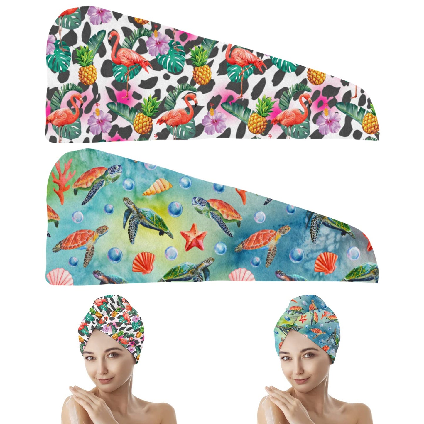 Siarnew 2PCS Super Absorbent Quick Dry Microfiber Hair Towel with Button Hands Free, 10 x 26 Inches Ultra-Soft Anti Frizz Dry Hair Turban Flamingo Pineapple Sea Turtle