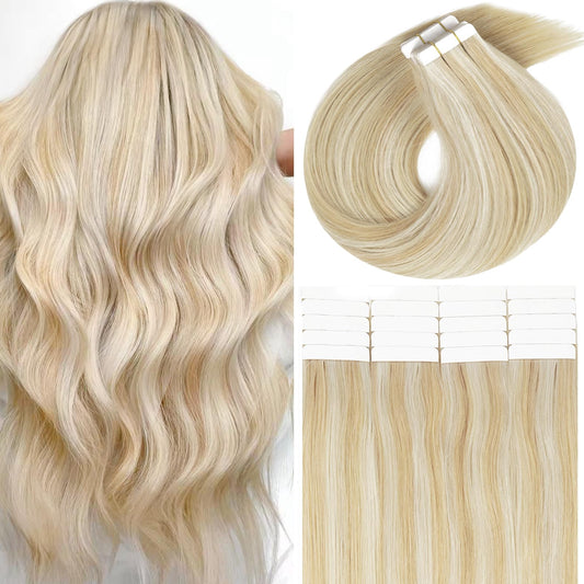 Lacerhair Tape in Remy Hair Extensions Human Hair Tape in 14 Inch Color Balayage Dark Ash Blonde Mixed Light Platinum Blond P#18/60A Real Human Hair Extensions Tape in Hair Extension 20PCS 50G