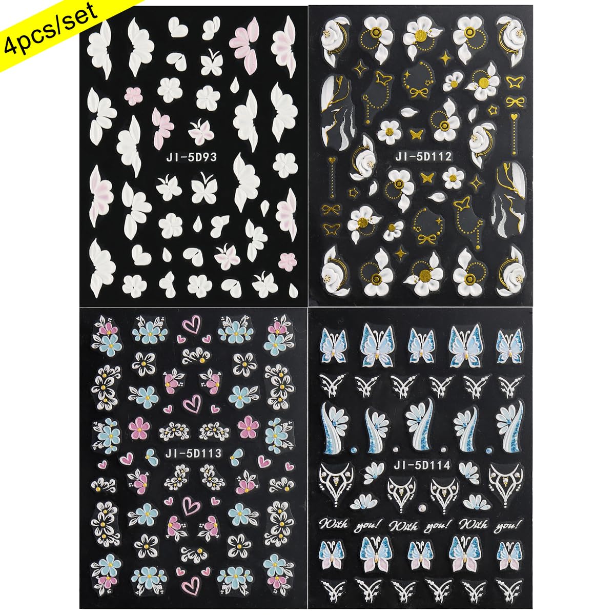 Fcozpjk Acrylic Flowers for Nails 4 Sheets 5D Embossed Floral Nail Decals Colorful Flowers Nail Stickers, Gold Strip Lines Swirls French Tip Nail Stickers, Daisy Butterfly Stickers Pegatinas Uñas