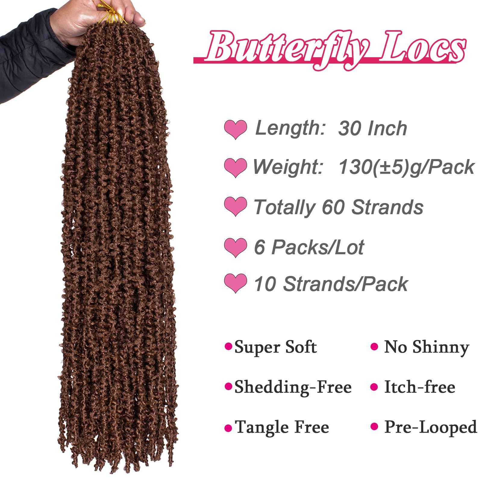 Leeven 30 Inch Long Butterfly Locs Crochet Hair for Black Women 6 Packs Pre-twisted Crochet Butterfly Braids Locs Brown Distressed Faux Locs Crochet Hair 30#
