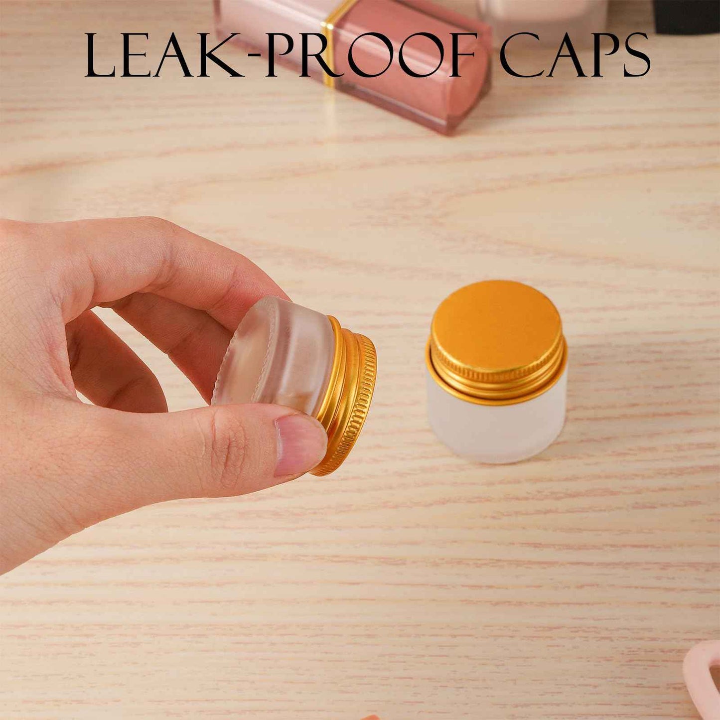 RAMFIYN 24 pack 5ml Frosted Glass Jars with Unbreak Metal Gold Lids Small Empty Travel Lotion Containers with Inner Liner Airtight Cosmetic Holder with Labels for Lip Balm Creams Body Butter