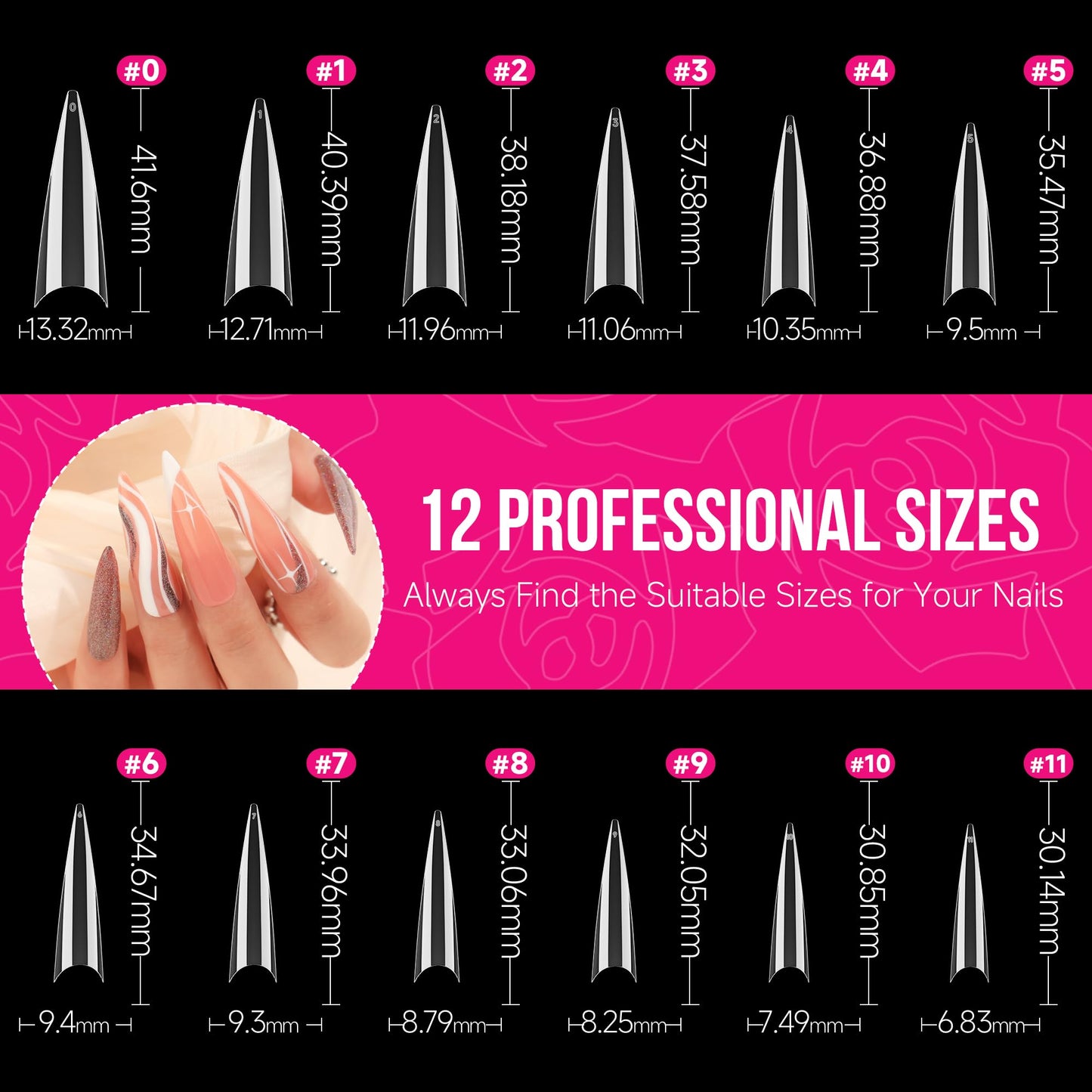 UNA GELLA Long Stiletto Almond Nail Tips for Acrylic Nails 216PCS XXL Long Stiletto False Fake Nails No C Curve Half Nail Tips Traceless Soft Gelly Tips Long Extensions 12 Sizes DIY Nail Art