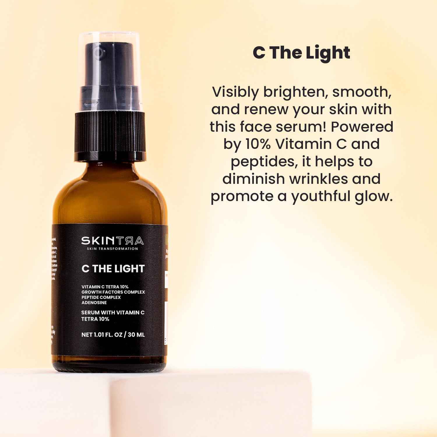 SkinTra - C The Light - 10% Stable Vitamin C Serum for Face, Neck, and Hands, Brightens & Firms Skin – Safe Vegan Formula Suitable for Sensitive Skin – 30 ml/Net 1.01 Fl. Oz