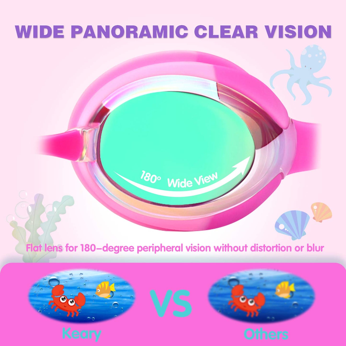 Keary 2 Pack Kids Swim Goggles Swimming Goggles for Toddler Children Girls Boys Youth, Anti-Fog Waterproof Anti-UV Clear Vision Mirror Flat Lens Water Pool Goggles with 3 Nose Piece, Pink Kids Goggles