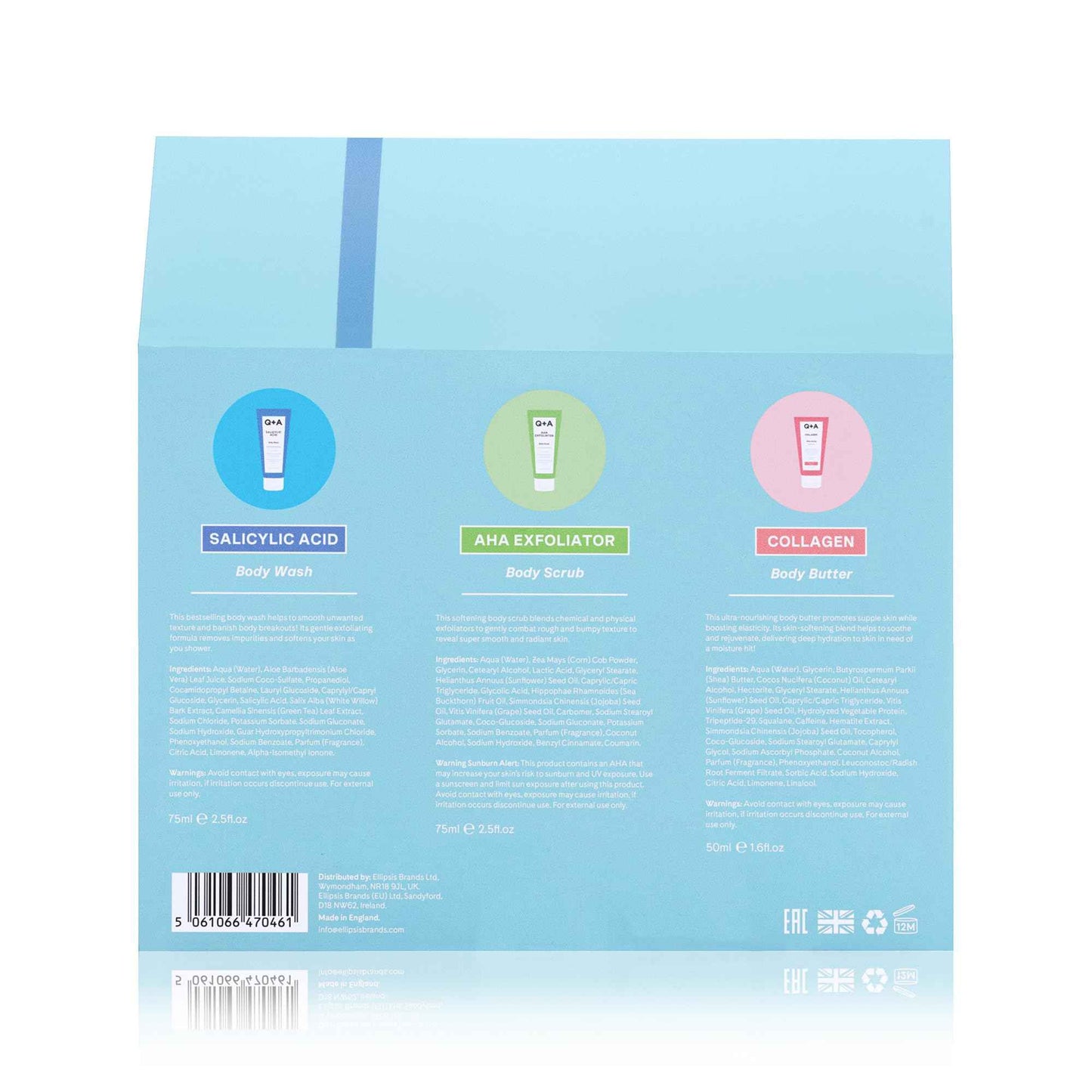 Q+A Bodycare Treats Gift Set, 3-Step Routine for Smooth, Soft Skin, Salicylic Acid Body Wash (75ml), AHA Body Scrub (75ml) & Collagen Body Butter (50ml), Stocking Stuffers and Travel Size Toiletries