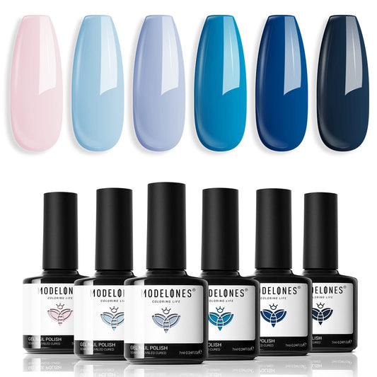 modelones Blue Gel Nail Polish - 6 Colors Blue Gel Polish Summer Sky Blue Barely Pink Nail Polish Soak Off Dark Navy Blue Gel Nail LED Gray Blue Nail Art French Manicure DIY Home Salon Gifts for Women