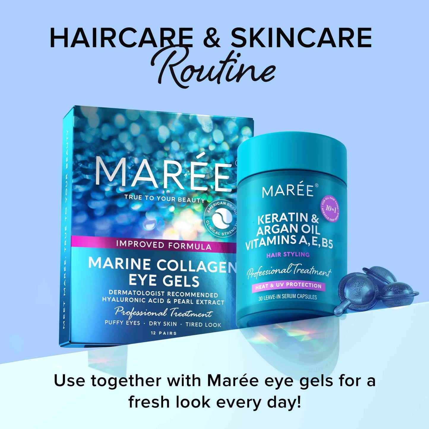 MAREE Beauty Essentials Duo - Keratin Hair Capsules and Eye Gels for Glowing Vibrant Look - Ultimate Skin & Hair Care Package