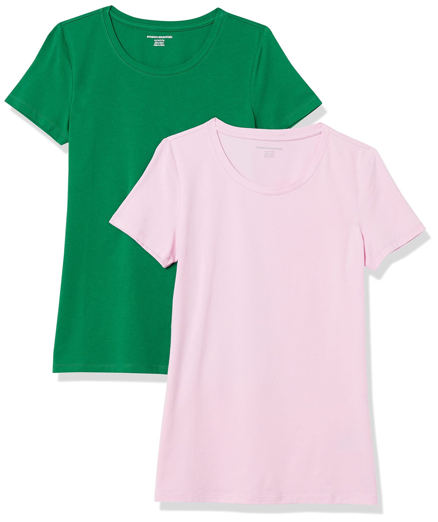 Amazon Essentials Women's Classic-Fit Short-Sleeve Crewneck T-Shirt, Pack of 2, Green/Light Pink, X-Small