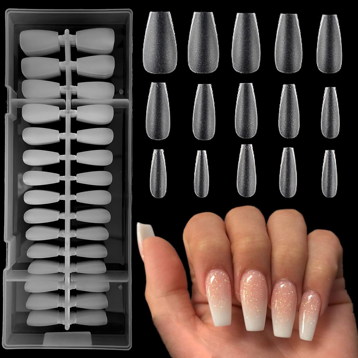 AddFavor 300pcs Medium Coffin Nail Tips Full Cover Soft Gel x Nail Tips Matte Pre-shaped Ultra Thin Clear Gelly Short Ballerina Coffin False Nail Tips for Acrylic Nails Extension 15 Sizes with Boxes