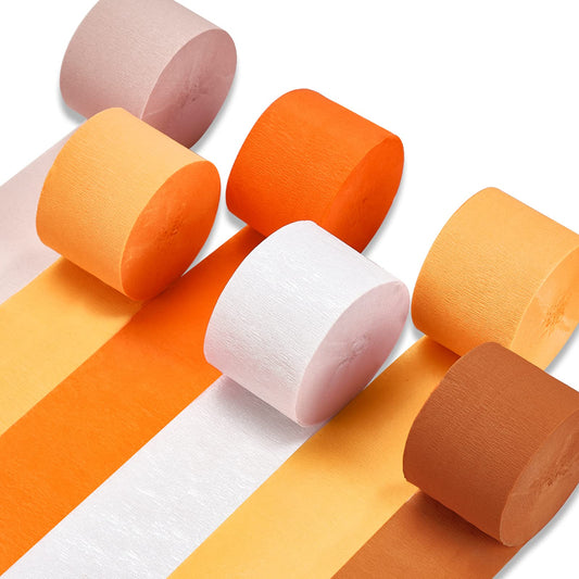 PartyWoo Crepe Paper Streamers 6 Rolls 492ft, Pack of Burnt Orange, Orange, Pumpkin Orange, Ivory and White Crepe Paper for Birthday Decorations, Baby Shower Decorations (1.8 Inch x 82 Ft/Roll)