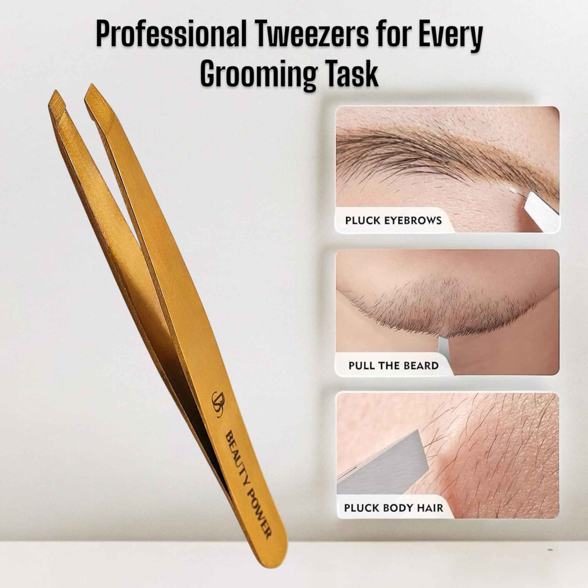 Beauty Power Professional Precision Slant Tweezers for Women Facial Hair - Tweezers for Men & Women, Eyebrow Tweezer for Ingrown Hair Blackhead & Splinter Removal - Gold