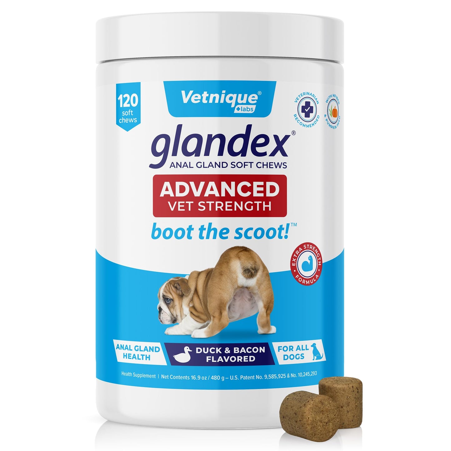 Glandex Anal Gland Soft Chew Treats with Pumpkin for Dogs Digestive Enzymes, Probiotics Fiber Supplement for Dogs Boot The Scoot (Advanced Strength Duck/Bacon Chews (Vegetarian), 120ct)