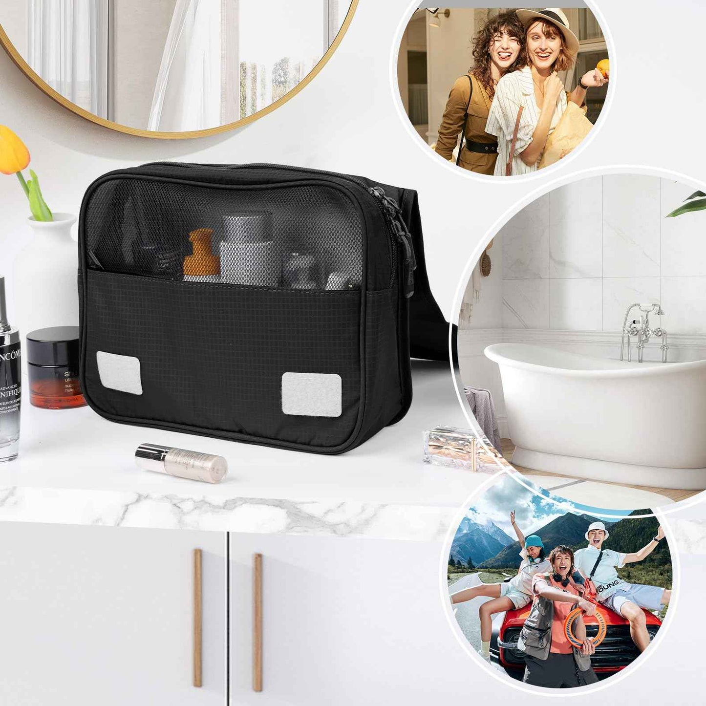 Playexen Hanging Travel Toiletry Bag, Portable Travel Cosmetic Organizer Bag for Women Men, Waterproof Toiletries Wash Bag with 4 Compartments & Hanging Hook (Black)