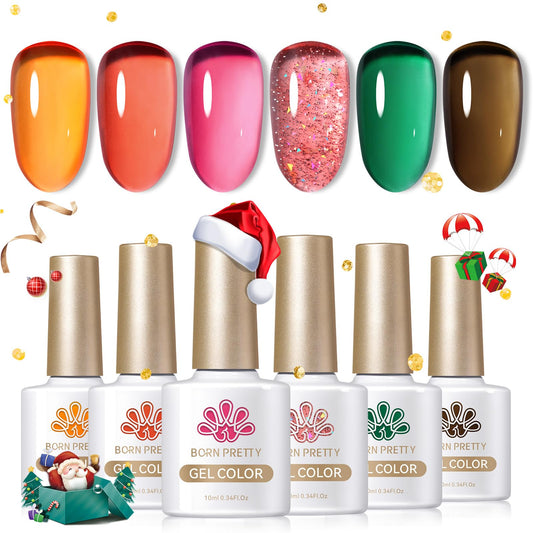 Born Pretty Jelly Gel Nail Polish Christmas Fall Winter Crystal Transparent Gel Polish Set Translucent Sheer Clear Gel Polish Red Coral Burnt Orange Green Grey Amber Brown 6 Colors Manicure Kit