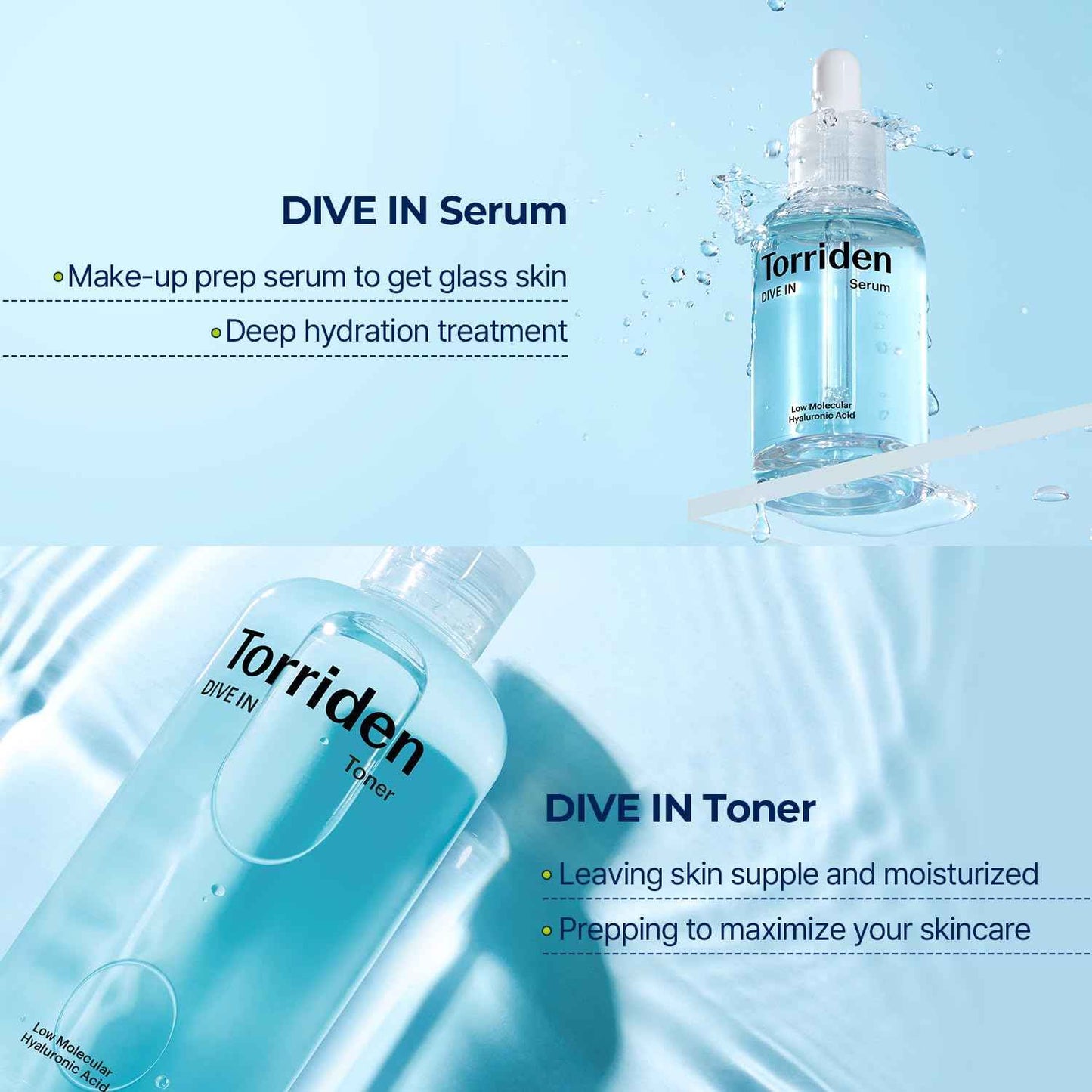 TORRIDEN Dive-in Low-molecular Hyaluronic Acid Serum 1.69 fl oz + Toner 10.14 fl oz | Vegan Clean Cruelty Free Facial Ampoule Moisturizer Astringent Alcohol-Free Fragrance-Free