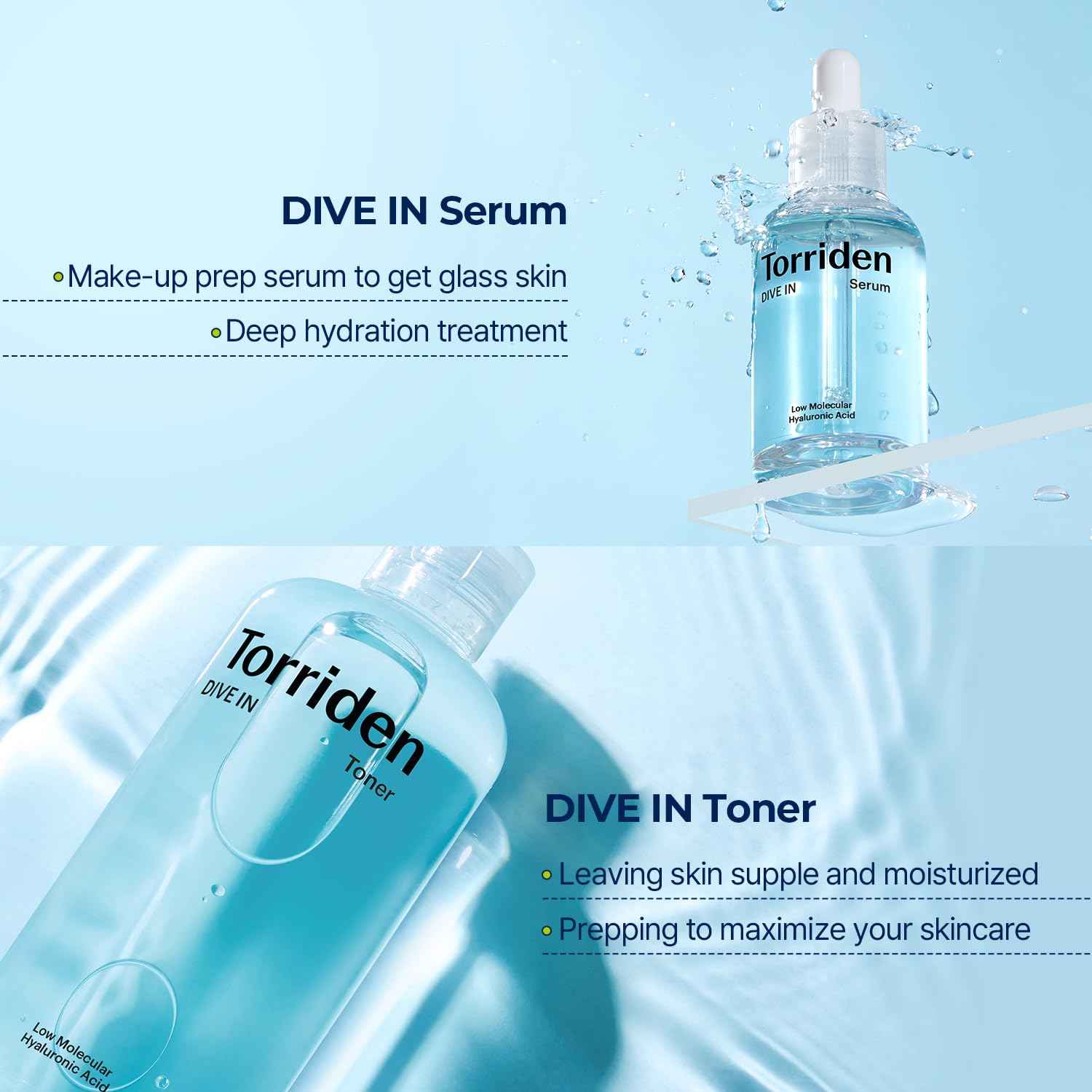 TORRIDEN Dive-in Low-molecular Hyaluronic Acid Serum 1.69 fl oz + Toner 10.14 fl oz | Vegan Clean Cruelty Free Facial Ampoule Moisturizer Astringent Alcohol-Free Fragrance-Free