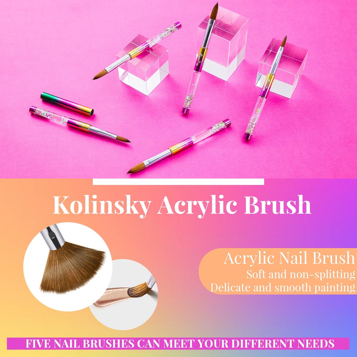 5PCS Acrylic Nail Brush Set, 6/8/12/14/16. Kolinsky Nail Art Brushes for Acrylic Application, Sturdy Handle Oval Shaped Acrylic Powder Nail Design Tools for Professional Manicure DIY Home